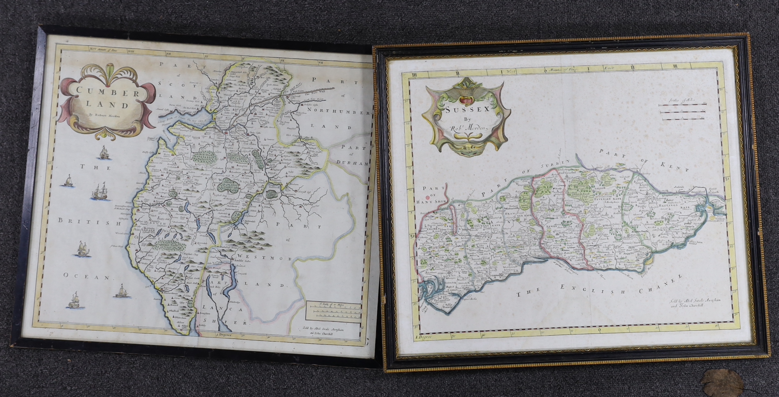 Robert Morden (1650-1703), two hand coloured maps comprising Sussex and Cumberland, sold by Abel Swale Awnsham and John Churchill, largest 44 x 37cm